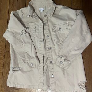 Women's Beige Distressed Denim Jacket